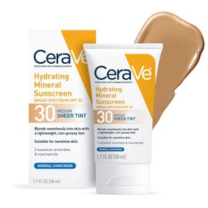 CeraVe Hydrating Mineral Sunscreen, SPF 30, Medium Sheer Tint, 1.7 fl oz (50 ml), suitable for sensitive skin, features lightweight, non-greasy feel with 3 essential ceramides and niacinamide.
