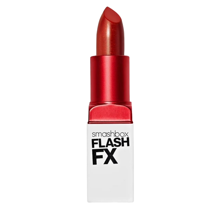 Smashbox Flash FX lipstick in a red shade with a sleek design featuring red and white packaging.