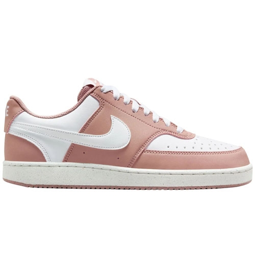 Nike sneaker with a low-top design, featuring a pink and white color scheme and the iconic swoosh logo.