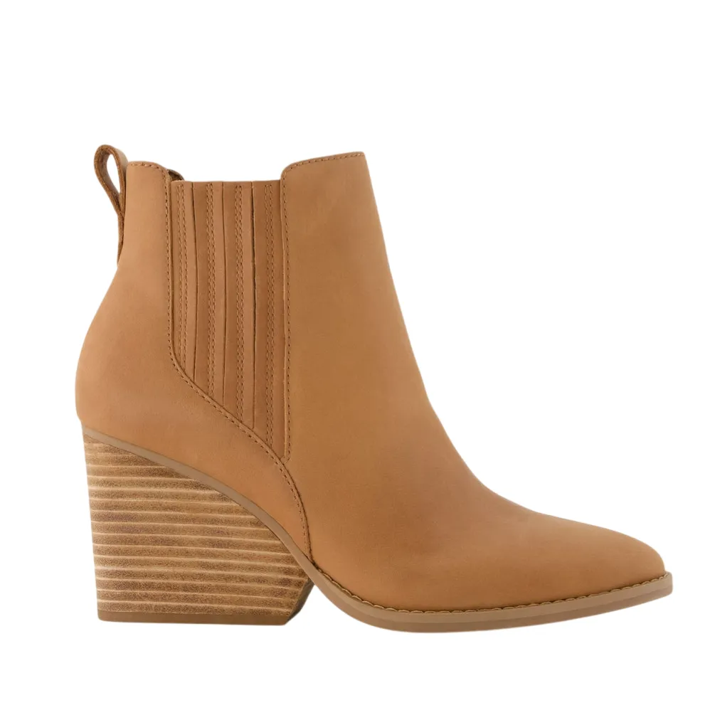 Tan ankle boot with a stacked block heel and elastic side panels for easy slip-on. Neutral, versatile style.