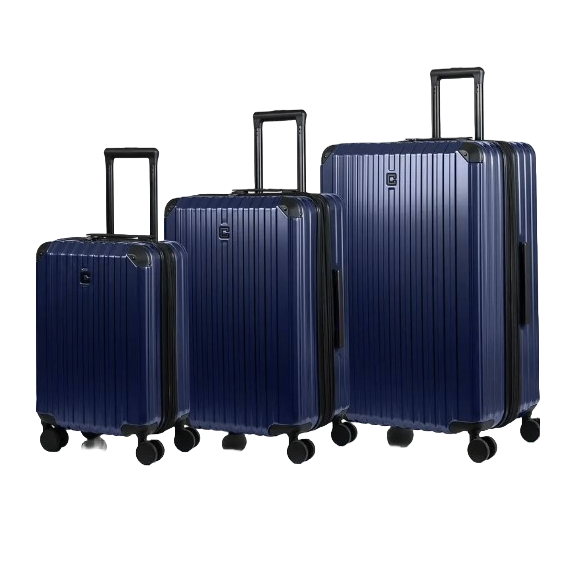 A set of three blue hard-shell suitcases in small, medium, and large sizes, featuring black handles, four wheels each for easy maneuverability, and a textured vertical line design.