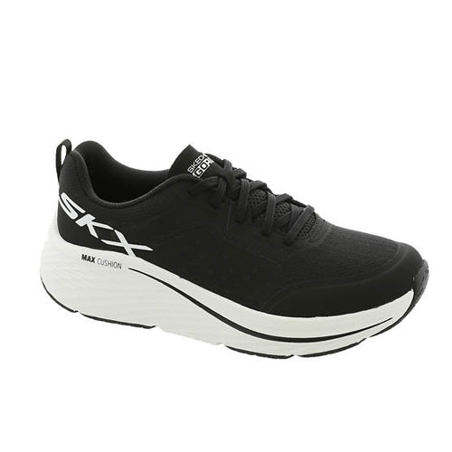 Black Skechers Max Cushioning shoe with a thick white sole, featuring \“SKX\“ branding on the side and \“Max Cushion\“ marked on the midsole.