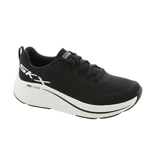 Black Skechers Max Cushioning shoe with a thick white sole, featuring \“SKX\“ branding on the side and \“Max Cushion\“ marked on the midsole.