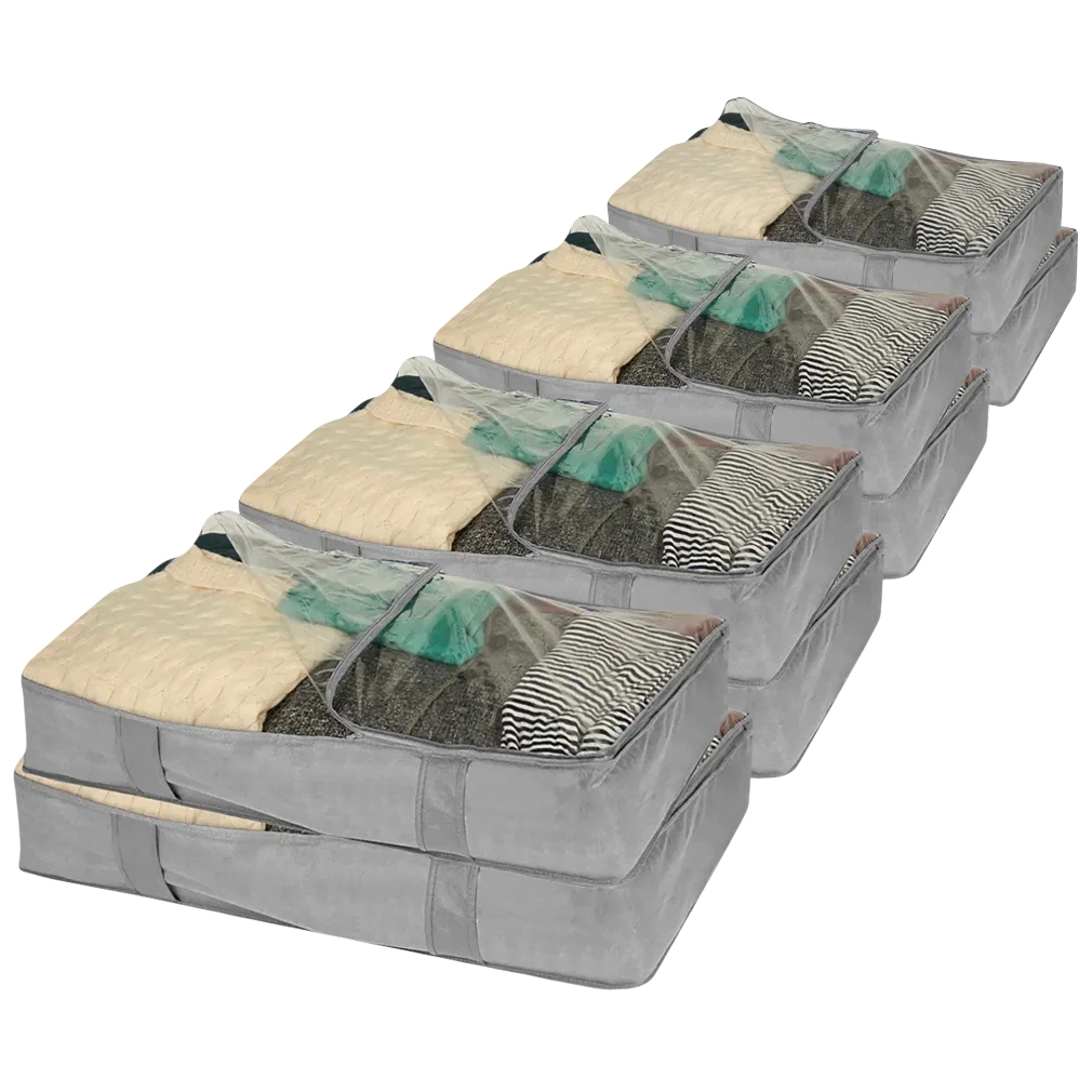 Set of eight gray under-bed storage bags with translucent tops, showing folded clothing inside. They offer a space-efficient solution for organizing items while keeping them visible and dust-free.