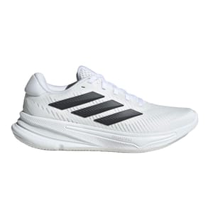 White athletic shoe with black stripes, featuring a cushioned sole and \“Dreamstrike\“ logo on the side.