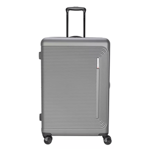A grey, hard-shell suitcase with four wheels and a telescopic handle, featuring a grooved texture.
