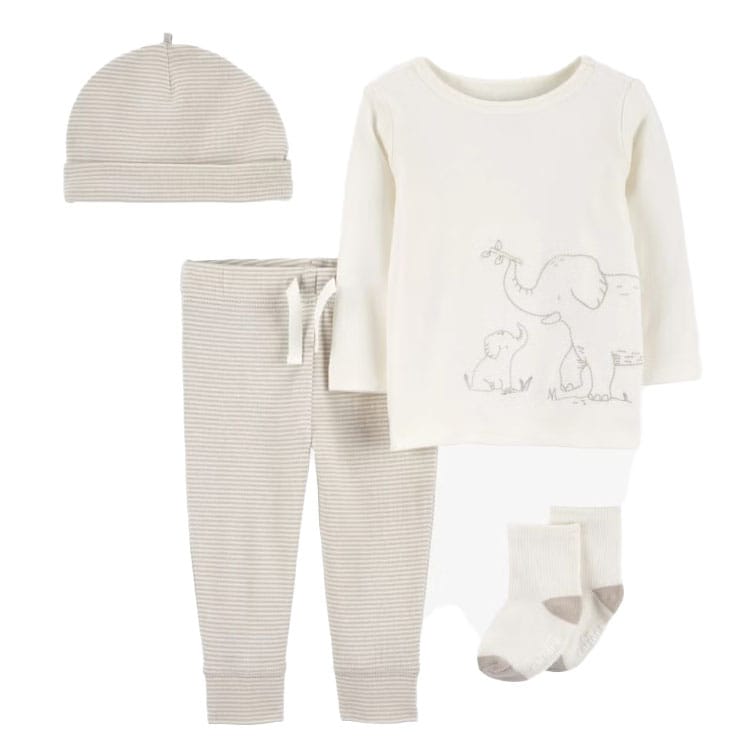 A neutral-colored baby clothing set featuring a striped hat, long-sleeve top with elephant graphics, striped pants, and matching socks.