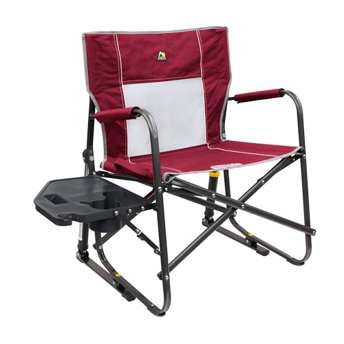 Folding camping chair with a burgundy and white fabric design, equipped with armrests and a side table featuring a cup holder.