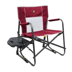 Folding camping chair with a burgundy and white fabric design, equipped with armrests and a side table featuring a cup holder.