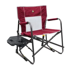 Folding camping chair with a burgundy and white fabric design, equipped with armrests and a side table featuring a cup holder.