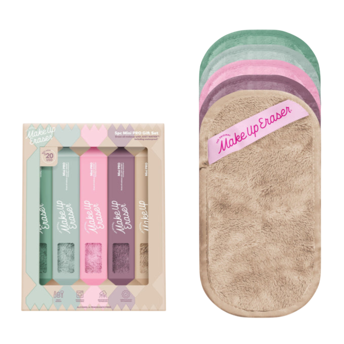 5-piece Makeup Eraser gift set featuring eco-friendly cloths in various colors for removing makeup. Includes a beige cloth labeled \“Makeup Eraser.\“