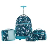 A matching teal luggage set featuring unicorn patterns, consisting of a rolling backpack, lunch bag, pencil case, and packing cube.