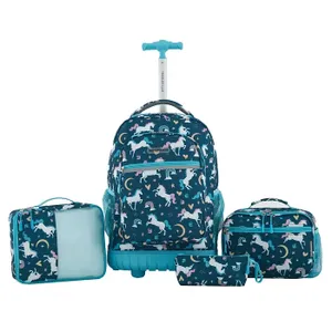 A matching teal luggage set featuring unicorn patterns, consisting of a rolling backpack, lunch bag, pencil case, and packing cube.