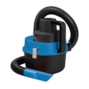 A blue and black portable wet/dry vacuum cleaner with a flexible hose and a carrying handle on top, featuring a compact design suitable for various cleaning tasks.