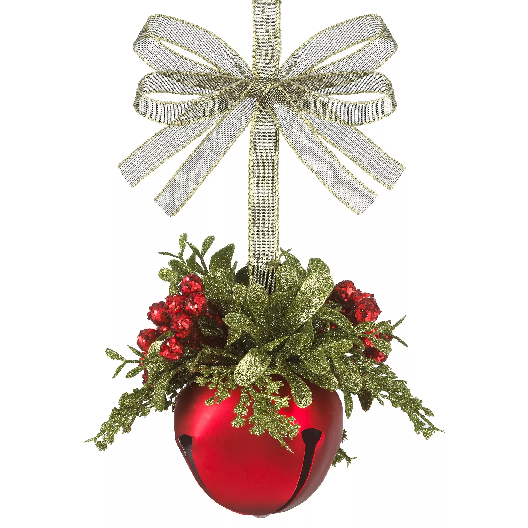 A decorative holiday ornament featuring a large red jingle bell adorned with green foliage, red berries, and a silver ribbon bow for hanging.