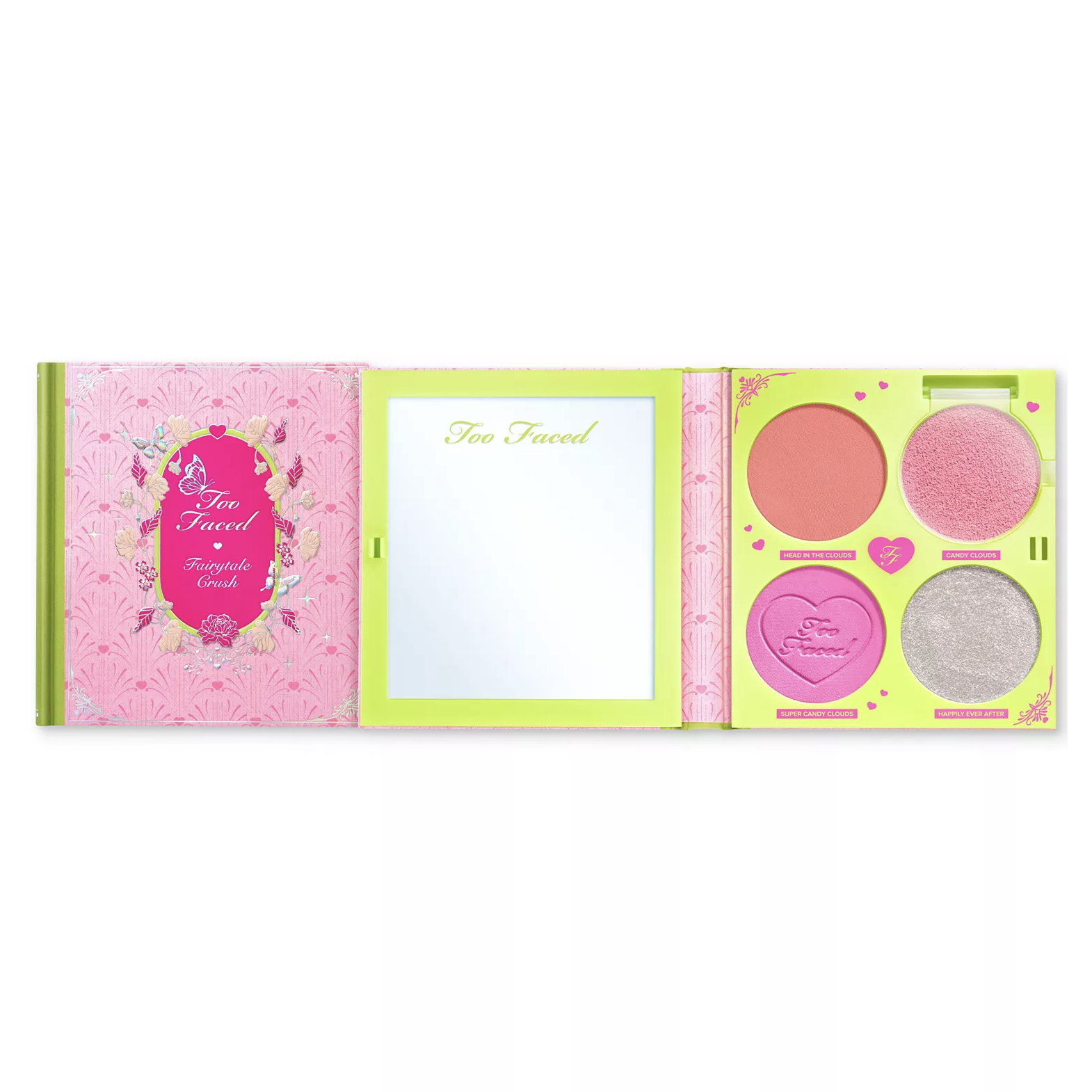 Too Faced Fairytale Crush palette includes four makeup pans: \“Head in the Clouds,\“ \“Candy Clouds,\“ \“Super Candy Clouds,\“ and \“Happily Ever After,\“ featuring blush and highlight shades with a decorative pink and green design.