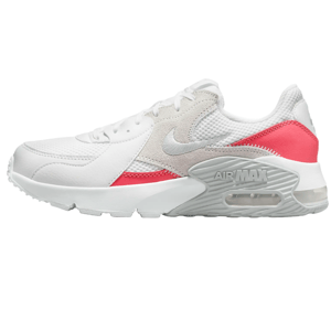 White and red Nike Air Max shoe with a visible air cushion in the heel.