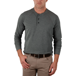 A male model is wearing a gray long-sleeve henley shirt with three buttons, paired with khaki pants and a dark brown belt.