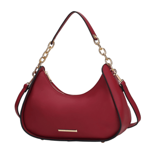 A red crescent-shaped handbag with a gold chain shoulder strap, featuring a zipper closure and a small metallic logo plate on the front.