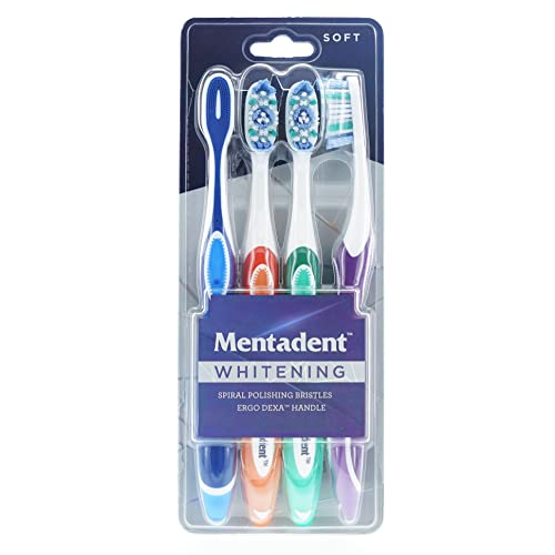 A four-pack of Mentadent whitening toothbrushes with ergonomic handles and spiral polishing bristles in an assortment of colors: blue, red, green, and purple.