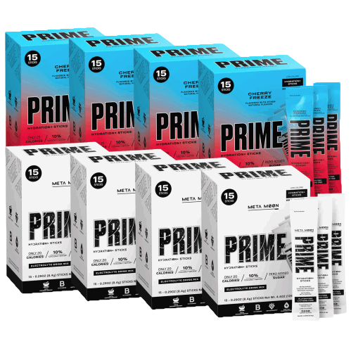 A collection of Prime Hydration Sticks in Cherry Freeze and Meta Moon flavors, each box containing 15 sticks.