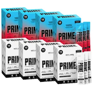 A collection of Prime Hydration Sticks in Cherry Freeze and Meta Moon flavors, each box containing 15 sticks.