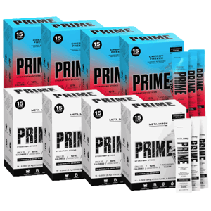 A collection of Prime Hydration Sticks in Cherry Freeze and Meta Moon flavors, each box containing 15 sticks.