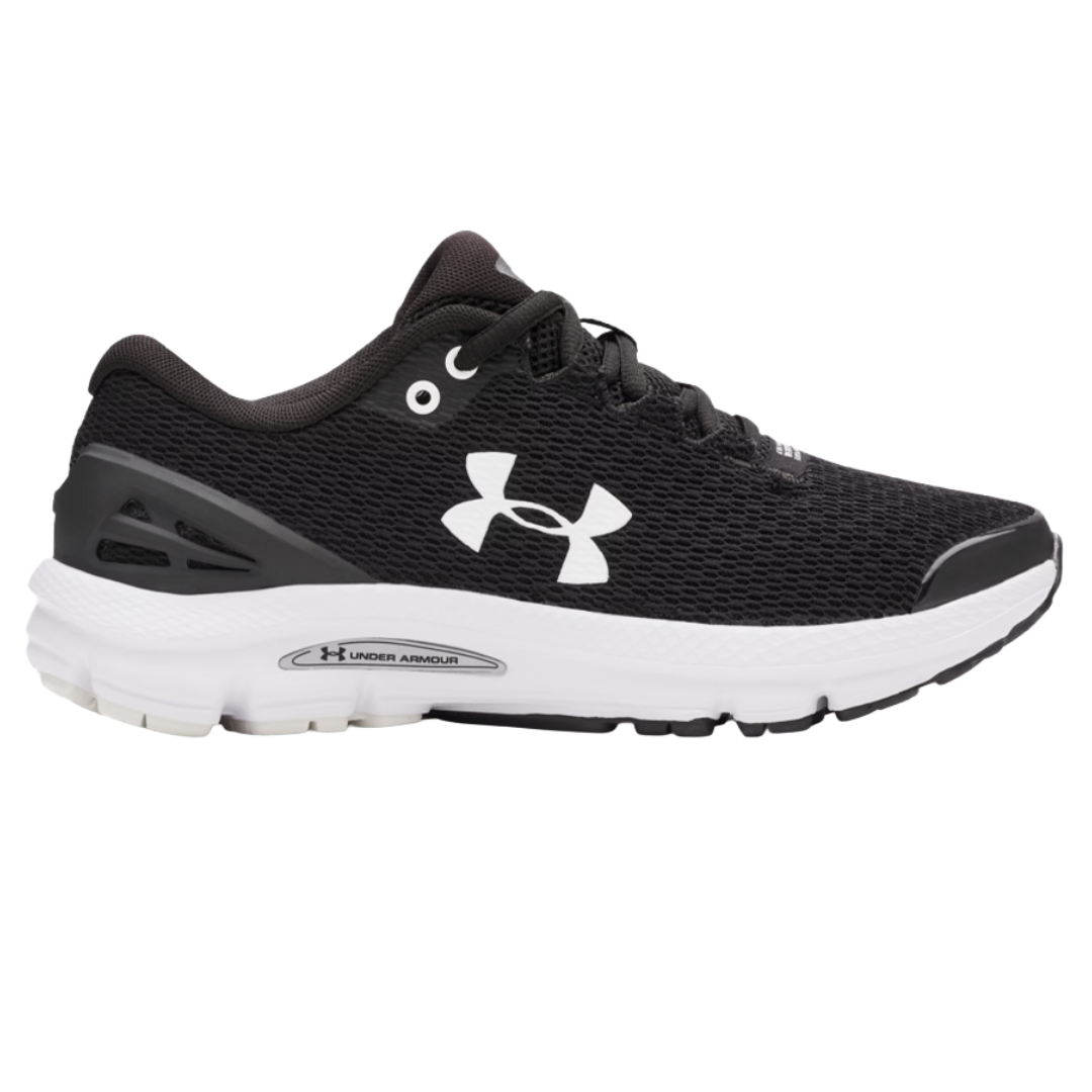 Under Armour black running shoe with white logo and accents, featuring a breathable mesh upper and cushioned sole.