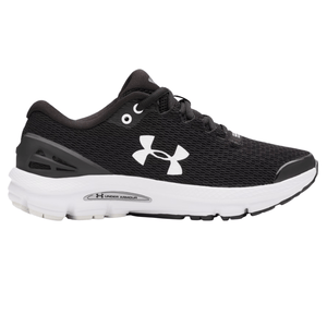Under Armour black running shoe with white logo and accents, featuring a breathable mesh upper and cushioned sole.