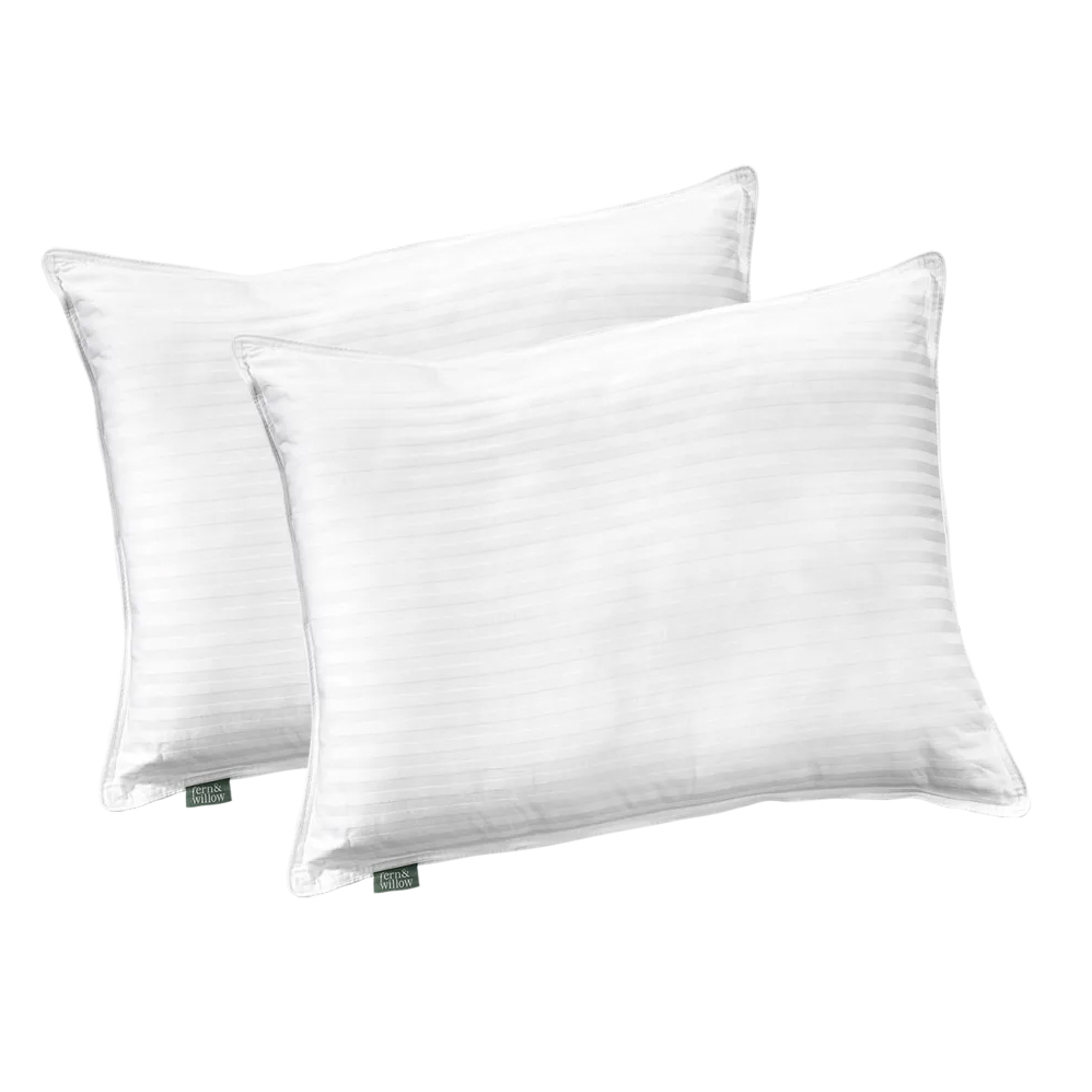 2-pack of white cooling pillows with a subtle striped pattern, designed for enhanced comfort and temperature regulation.