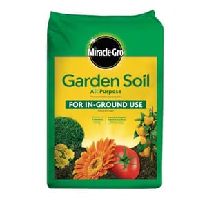 Miracle-Gro Garden Soil All Purpose, designed for in-ground use, nourishes plants for up to 3 months.
