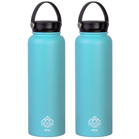 Two light blue Tru Flask water bottles, each with a black handle and 40 oz capacity.