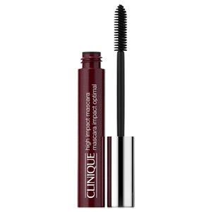 Clinique High Impact Mascara in a burgundy tube with a black brush, designed to enhance lash volume and length.