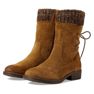 Brown suede ankle boots with a knitted top trim and decorative back lacing, featuring a low heel and a rounded toe design.