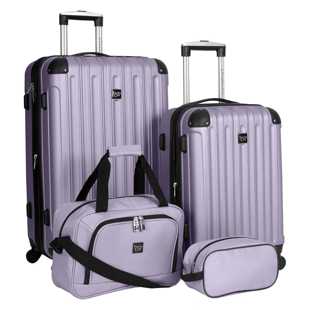 A four-piece lavender luggage set includes two hard-shell rolling suitcases, a duffel bag, and a toiletry bag.