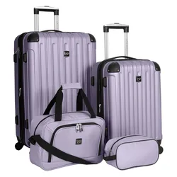A four-piece lavender luggage set includes two hard-shell rolling suitcases, a duffel bag, and a toiletry bag.