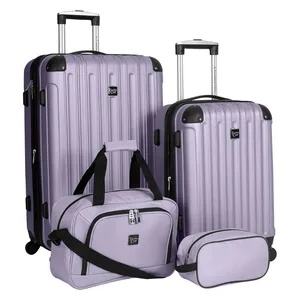 A four-piece lavender luggage set includes two hard-shell rolling suitcases, a duffel bag, and a toiletry bag.