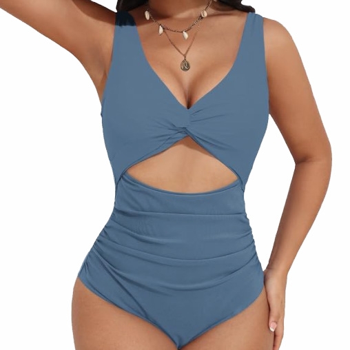 A blue one-piece swimsuit featuring a twisted front, wide shoulder straps, and a central cutout below the bust with ruched detailing on the midsection.