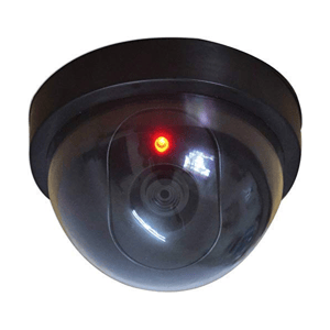 A black dome-shaped dummy security camera with a red LED light designed to imitate real surveillance cameras.