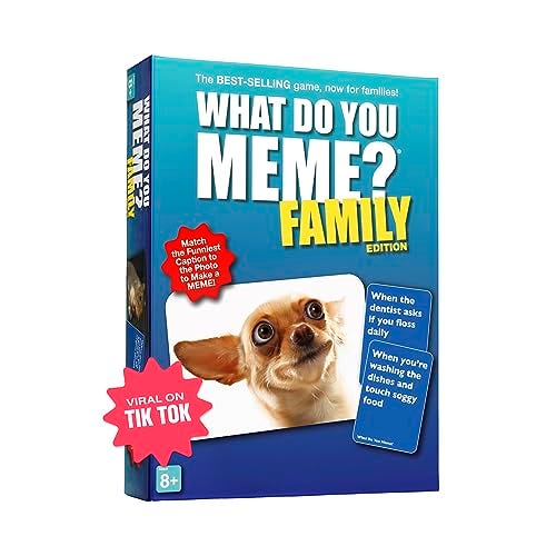 Box of \“What Do You Meme? Family Edition,\“ a card game where players match captions to pictures to create funny memes, recommended for ages 8 and up.