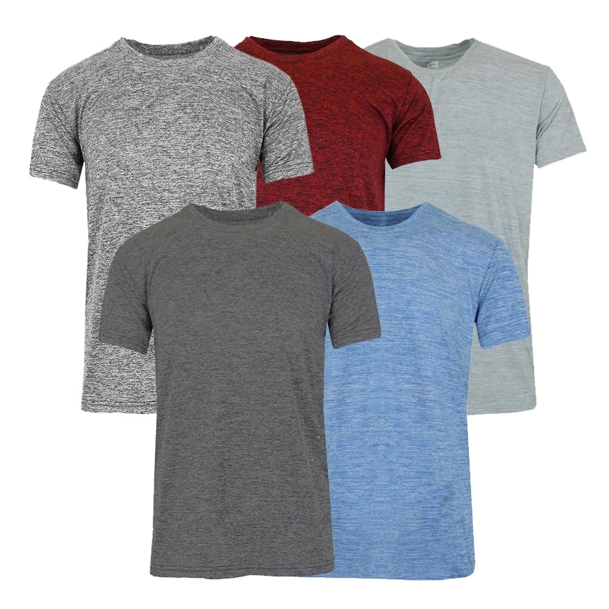 5-pack of men's moisture-wicking short-sleeve shirts in assorted colors: grey, red, light blue, blue, and dark grey. They feature a heathered texture and are designed for comfort and breathability.