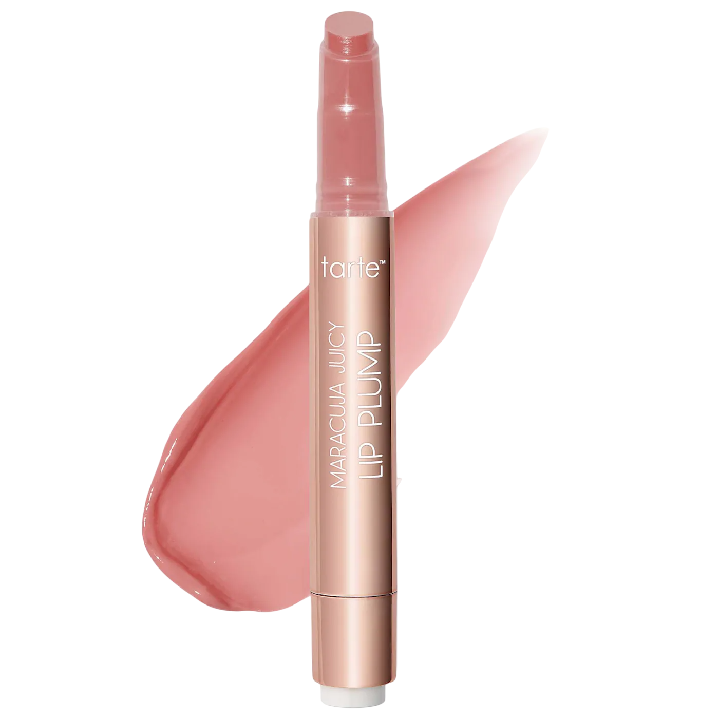 Tarte Maracuja Juicy Lip Plump in a light pink shade with soft, creamy texture shown alongside a matching swatch.
