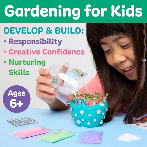 Gardening kit for kids aged 6+, promoting responsibility, creative confidence, and nurturing skills, includes a decorated planter and decorative supplies.