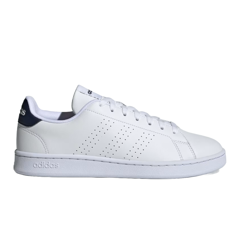 White Adidas Advantage shoes featuring a low-profile design with perforated three-stripe detailing, a smooth leather upper, and a contrasting navy heel tab.