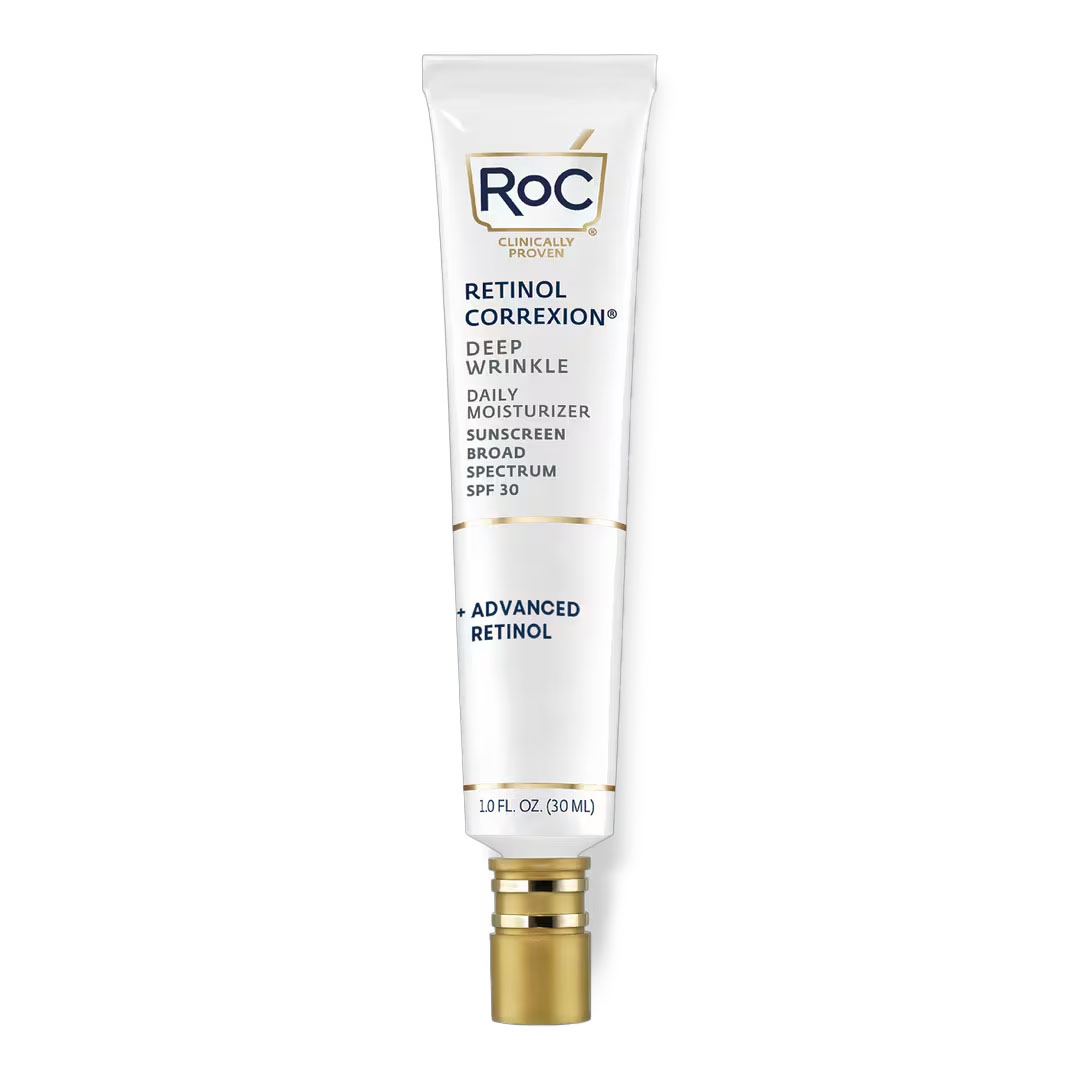 RoC Retinol Correxion Deep Wrinkle Daily Moisturizer with Sunscreen, Broad Spectrum SPF 30, contains advanced retinol. It comes in a 1.0 fl. oz. (30 ml) tube.