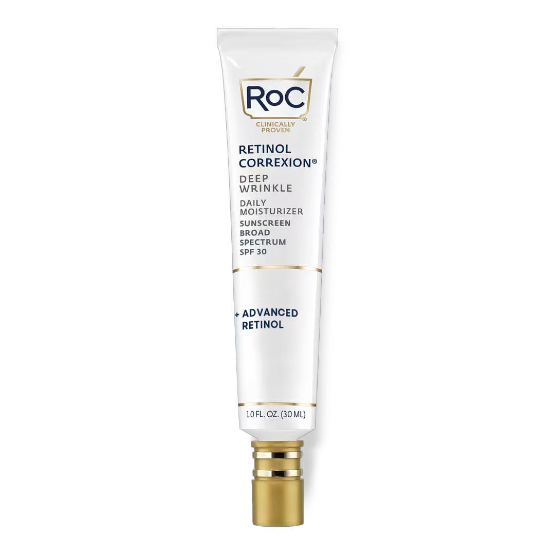 RoC Retinol Correxion Deep Wrinkle Daily Moisturizer with Sunscreen, Broad Spectrum SPF 30, contains advanced retinol. It comes in a 1.0 fl. oz. (30 ml) tube.