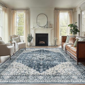 A living room with a large patterned area rug in blue and white tones, placed between a sofa and armchairs in front of a fireplace with a circular mirror above.
