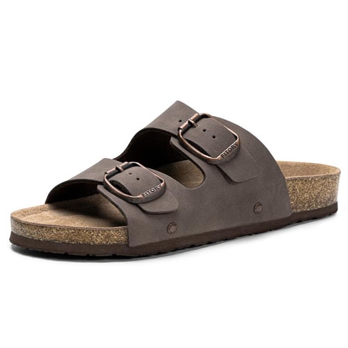 A brown open-toe sandal with two adjustable buckle straps and a cork footbed, designed for casual wear.