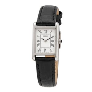 A rectangular-faced Seiko watch with a silver case, black leather strap, and Roman numerals on a white dial.