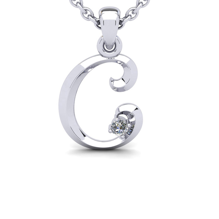 A silver necklace pendant in the shape of the letter \“C,\“ embellished with a small diamond.